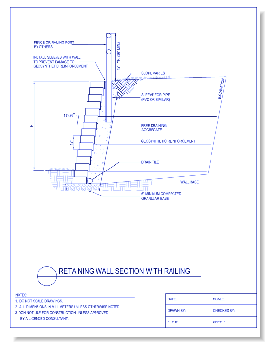 Retaining Wall Section with Railing or Fence