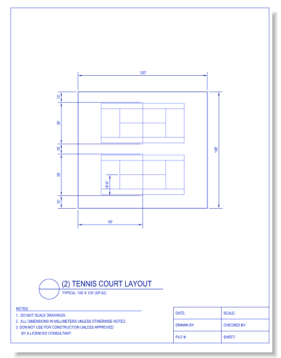 Tennis Court Layout (Double, 108 Foot x 120 Foot Typ.)