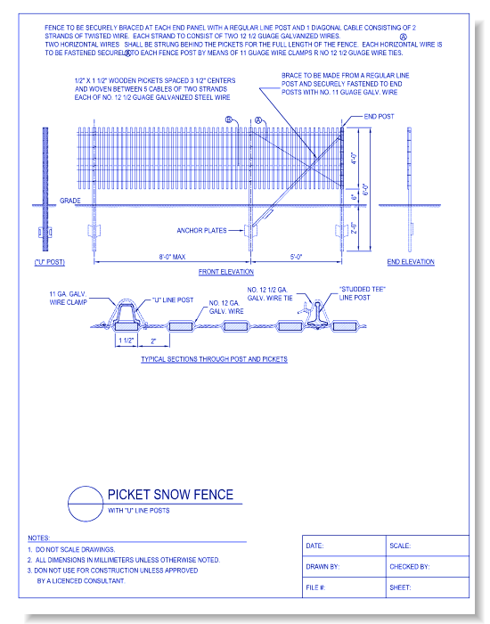 Picket Snow Fence - W/ U Line Posts