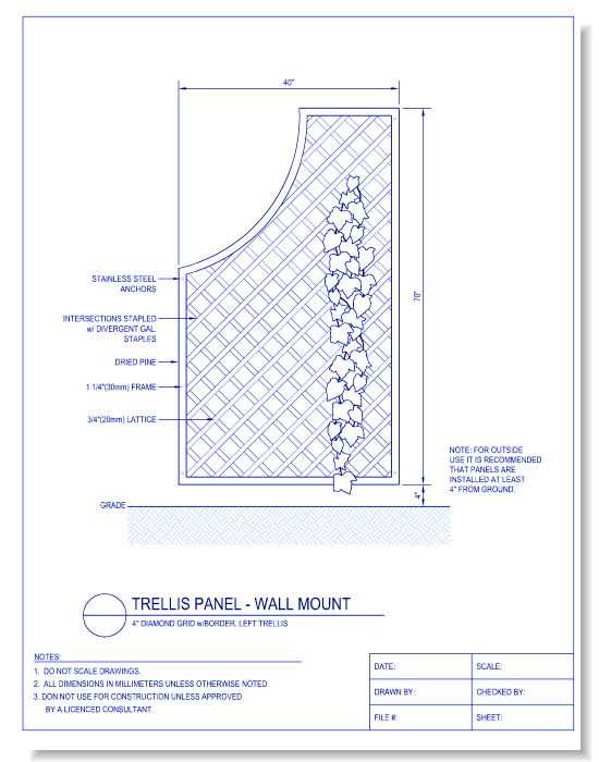 Trellis Panel - Wall Mount - 4 Inch Diamond Grid w/ Border, Left Trellis