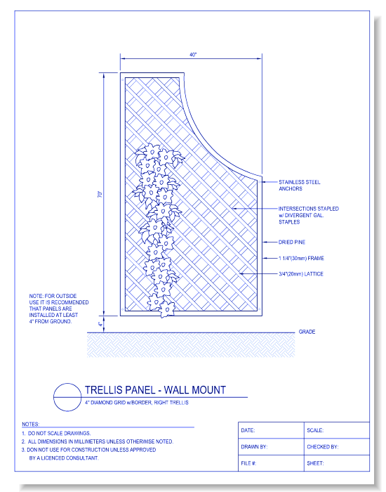 Trellis Panel - Wall Mount - 4 Inch Diamond Grid w/ Border, Right Trellis