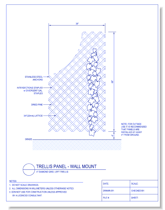 Trellis Panel - Wall Mount - 4 Inch Diamond Grid, Left Trellis