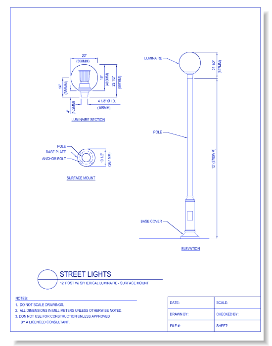 Street Lights - 12 Ft. Post W/ Spherical Luminaire - Surface Mount
