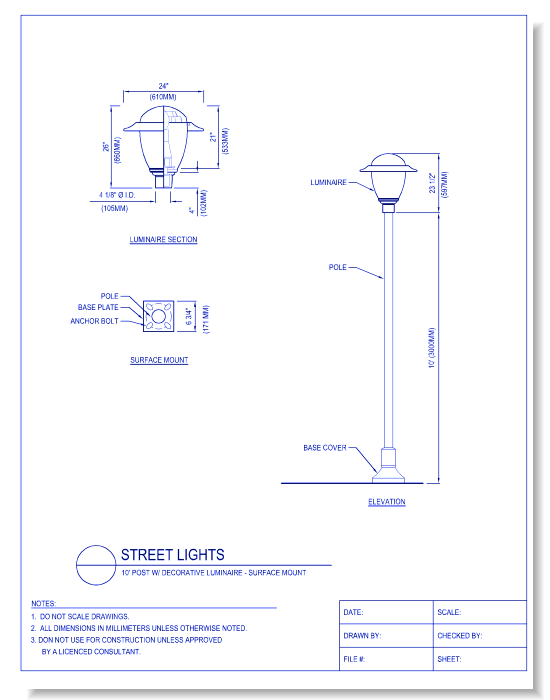 Street Lights - 10 Ft. Post W/ Decorative Luminaire - Surface Mount