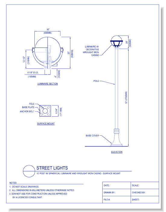 Street Lights - 12 Ft. Post W/ Spherical Luminaire and Wrought Iron Casing - Surface Mount