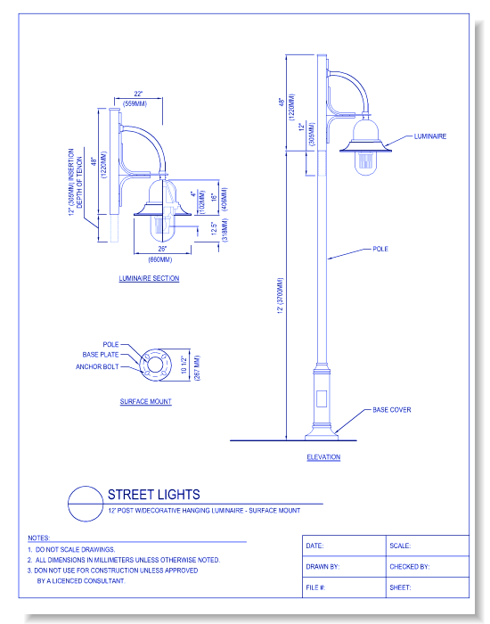 Street Lights - 12 Ft. Post W/ Decorative Hanging Luminaire - Surface Mount