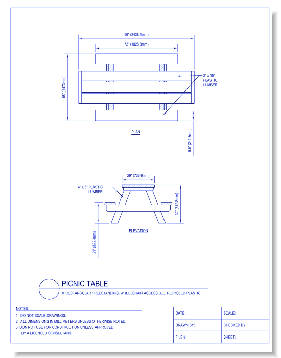 Picnic Table 8 Ft. Rectangular Freestanding, Accessible (ADA)