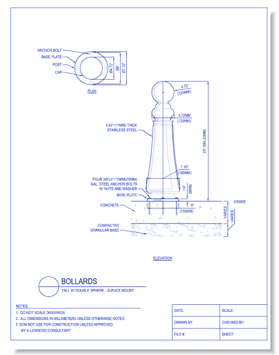 Bollards - Tall W/ Double Sphere, Surface Mount