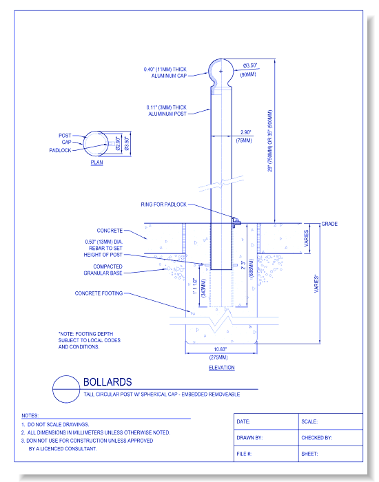 Bollards - Tall Circular Post W/ Spherical Cap, Embedded Removeable