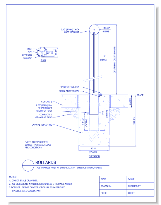 Bollards - Tall Rectangular Post W/ Spherical Cap, Embedded Removeable