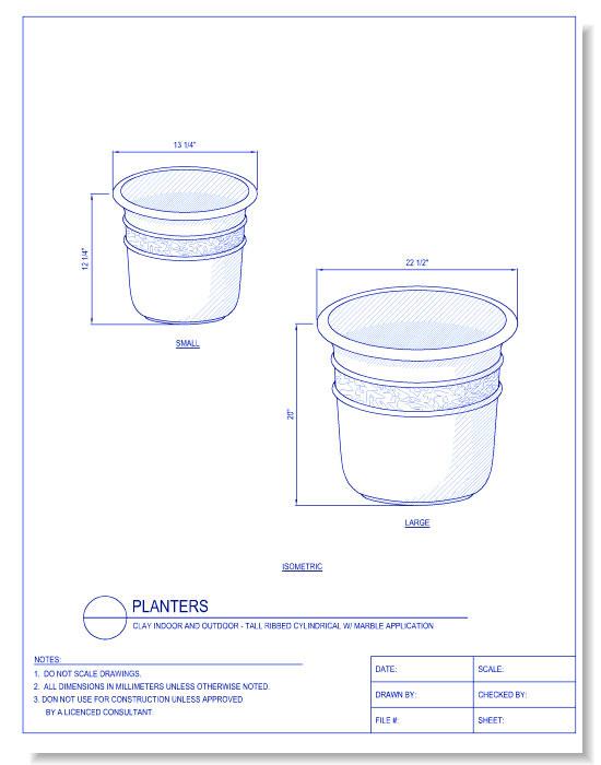 Planters - Tall Ribbed Cylindrical W/ Marble Application