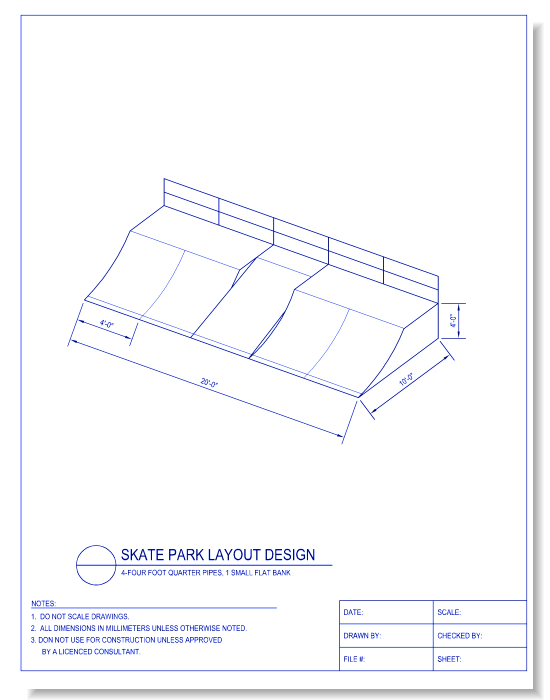 Skate Park Layout Design - 4 - Four Ft. Quarter Pipes, 1 Small Flat Bank