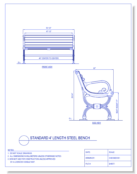 Exterior Seating Bench - Steel, Standard 4 Foot Length, w/ Back and 2 Armrests