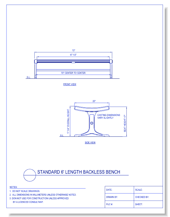 Exterior Seating Bench - Steel, Standard 6 Foot Length, Backless, No Armrests
