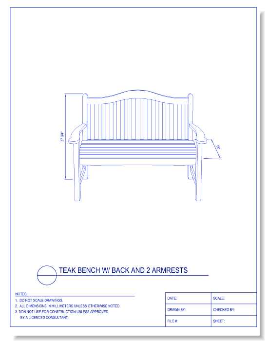 Exterior Seating Bench - Teak, w/ Back and 2 Armrests