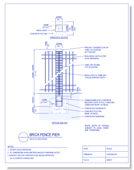 Brick Fence Pier - Solid W/ Iron Fence