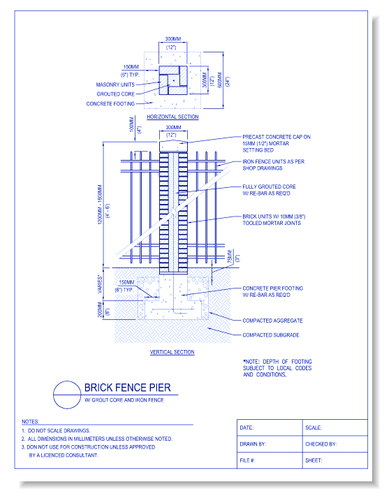 Brick Fence Pier - W/ Grout Core and Iron Fence