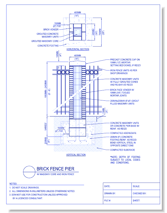 Brick Fence Pier - W/ Masonry Core and Iron Fence