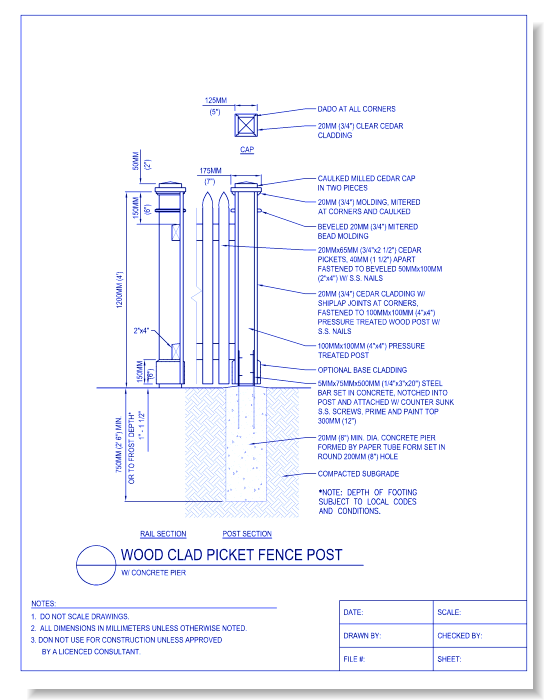 Wood Clad Picket Fence Post - W/ Concrete Pier