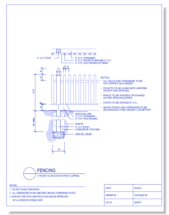 3 Foot Picket W/ Decorative Post Capping