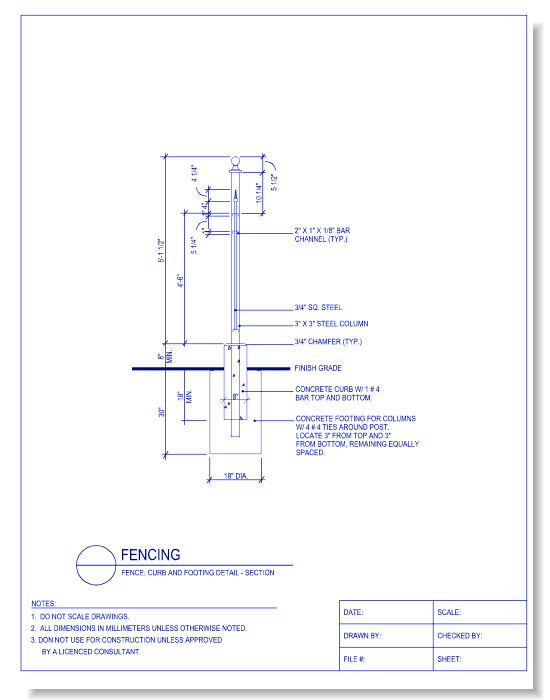Fence, Curb and Footing Detail - Section