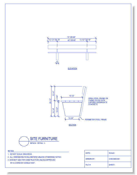 Exterior Seating Bench - Slats, Inverted Tapered Base, Back or Backless