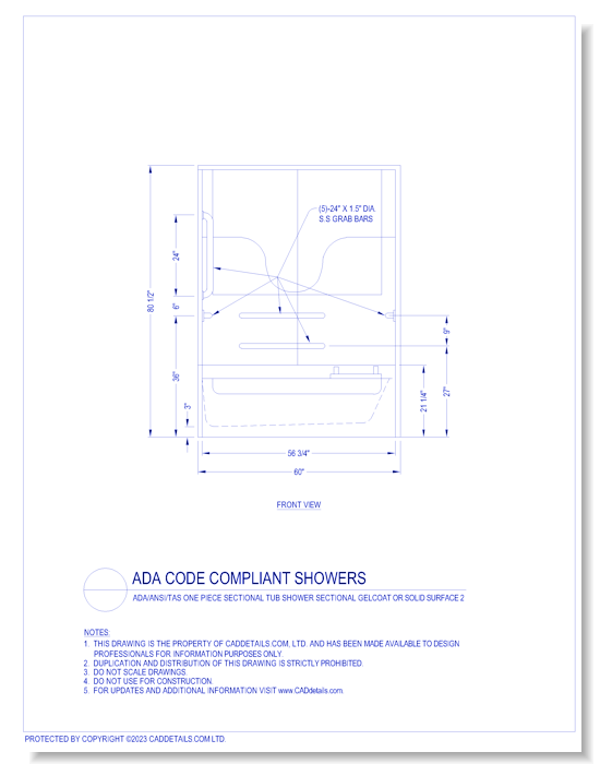 ADA Code Compliant Showers: ADA / ANSI / TAS One Piece Tub Shower Sectional Gelcoat or Solid Surface 2