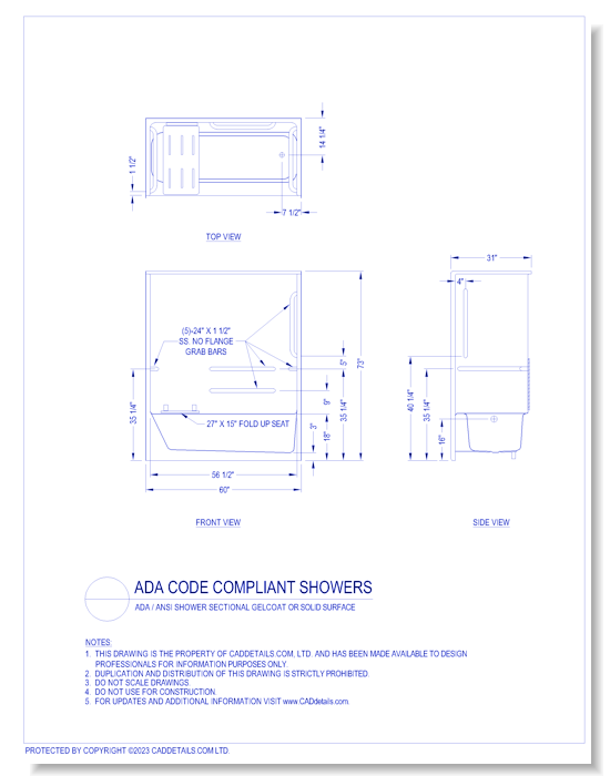 ADA Code Compliant Showers: ADA / ANSI / Shower Sectional Gelcoat or Solid Surface