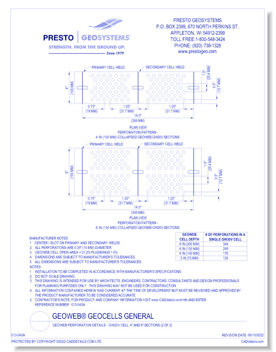 Geoweb Perforation Details - GW20V Cell, 4" and 6" Sections (2 of 2)