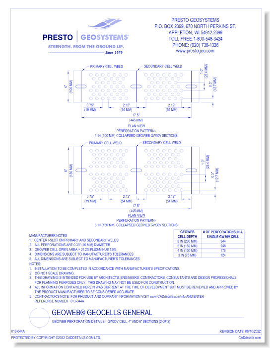 Geoweb Perforation Details - GW30V Cell, 4" and 6" Sections (2 of 2)