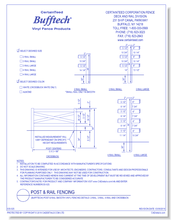 Bufftech: Post & Rail Smooth Vinyl Fencing Details (2-Rail, 3-Rail, 4-Rail And Crossbuck)