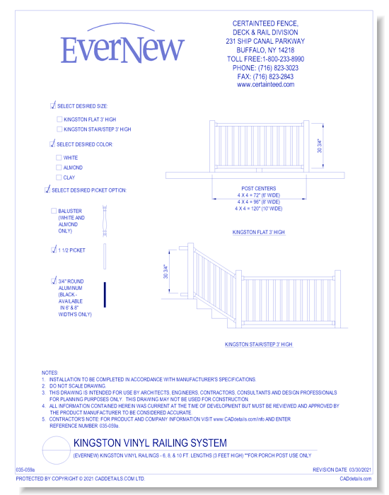 Evernew: Kingston Vinyl Railings - 6, 8, & 10 Ft. Lengths (3 Ft. High) For Porch Post Use Only