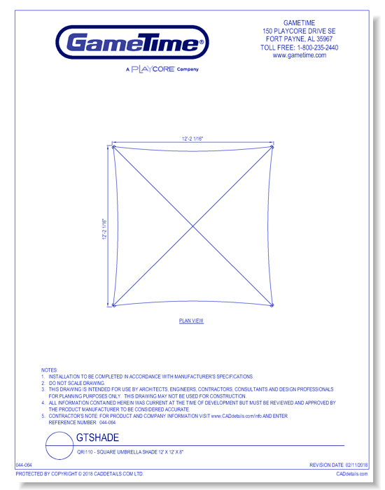 QRI110 - Square Umbrella Shade 12’ x 12’ x 8"
