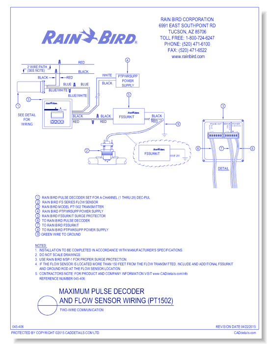 Flow Sensor Wiring, PT1502 Pulse Transmitter, 2-Wire Secondary Communication