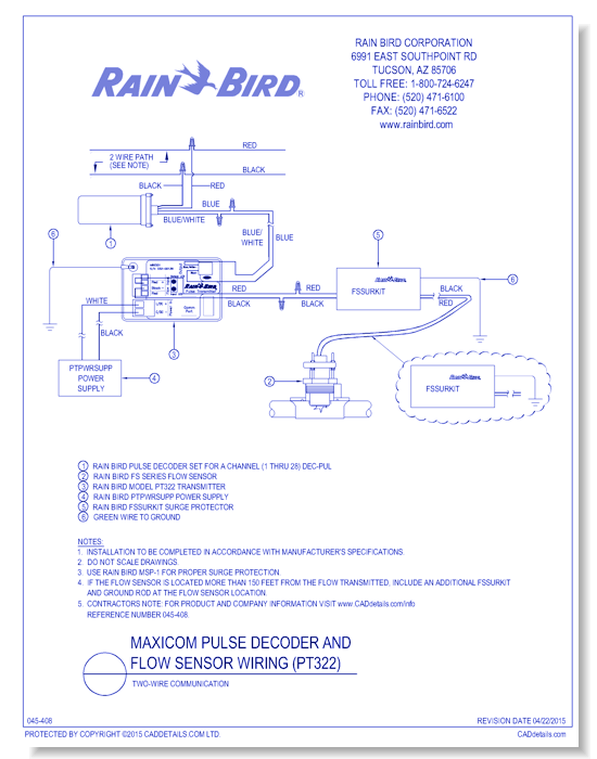 Flow Sensor Wiring, PT322 Pulse Transmitter, 2-Wire Secondary Communication