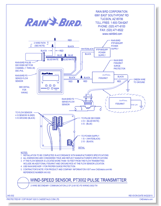 Wind-Speed Sensor, PT3002 Pulse Transmitter, 2-Wire Secondary Communication (2 of 2)