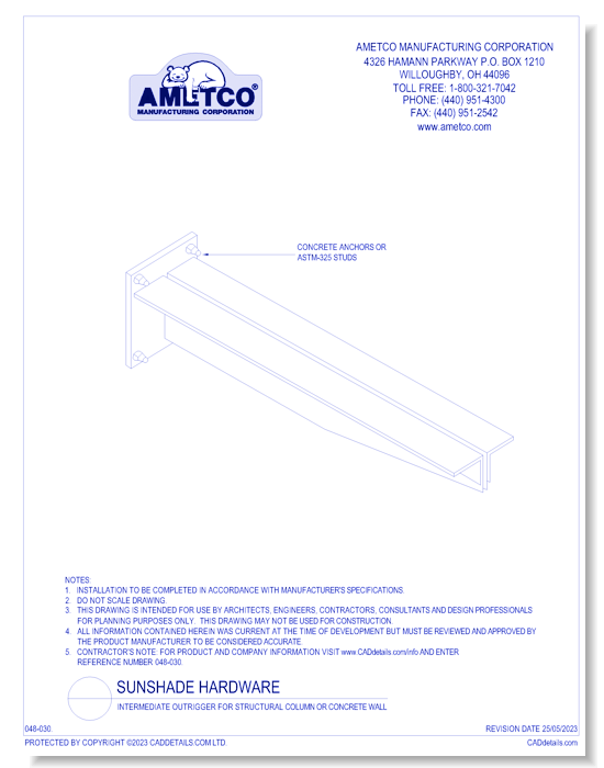 Sunshade Hardware - Intermediate Outrigger for Structural Column or Concrete Wall
