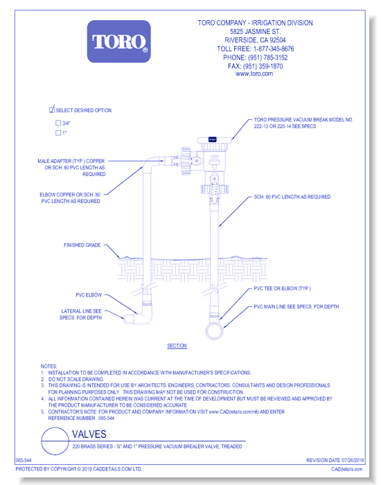 220 Brass Series - ¾" and 1" Pressure Vacuum Brealer Valve, Treaded