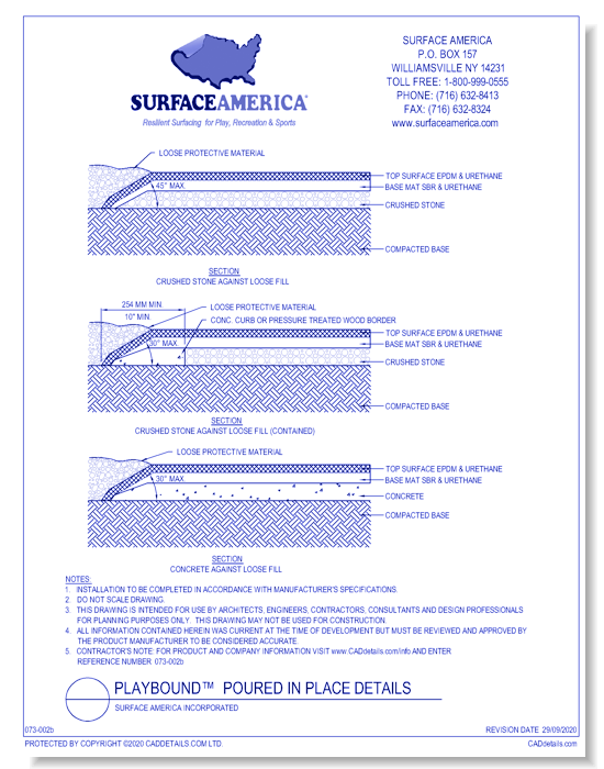 PlayBound™ Poured-in-Place Details: Loose Fill w/ Crushed Stone; Loose Fill w/ Concrete; Loose Fill w/ Crushed Stone (Contained)