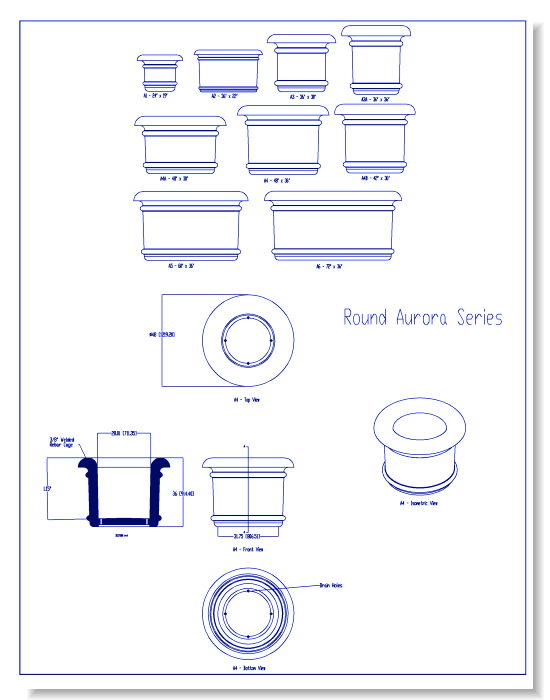 Round Aurora Series Planters: Section & Elevation