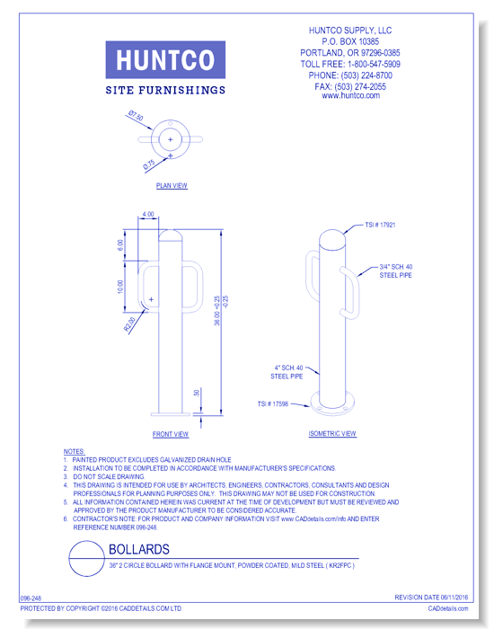 Bollard: 36" 2 Circle Bollard with Flange Mount