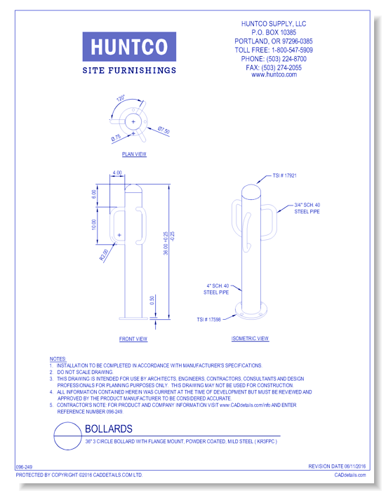 Bollard: 36" 3 Circle Bollard with Flange Mount