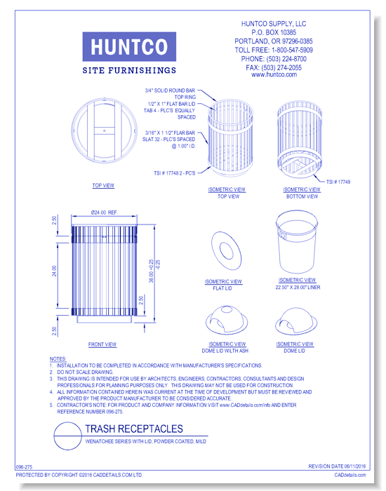 Trash Receptacles: Wenatchee Series with Lid