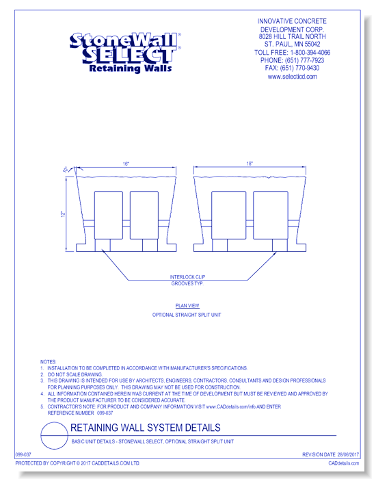 Basic Unit Details - StoneWall SELECT, Optional Straight Split Unit