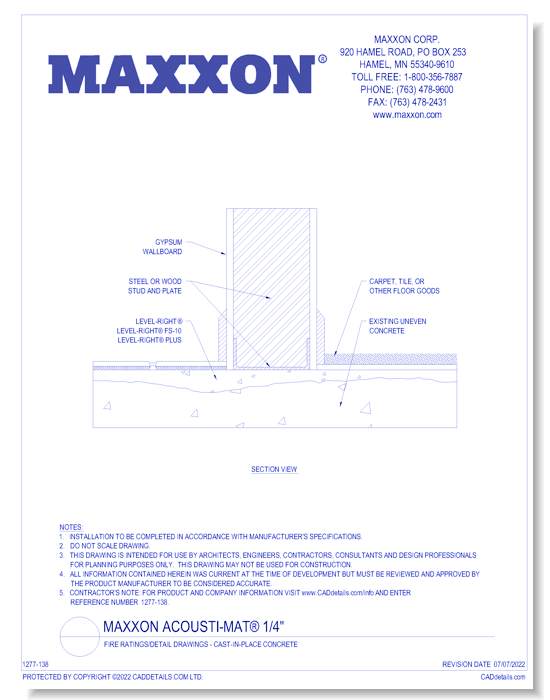 Maxxon Acousti-Mat® 1/4" Fire Ratings/Detail Drawings - Cast-in-Place Concrete