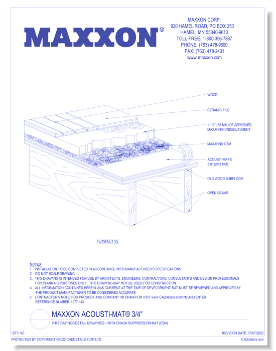 Maxxon Acousti-Mat® 3/4" Fire Ratings/Detail Drawings - With Crack Suppression Mat (CSM)