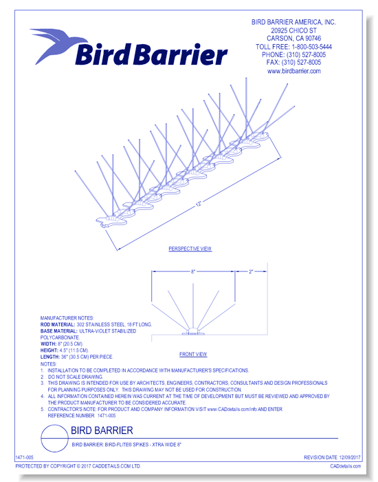 Bird Barrier: Bird-Flite® Spikes - Xtra Wide 8"