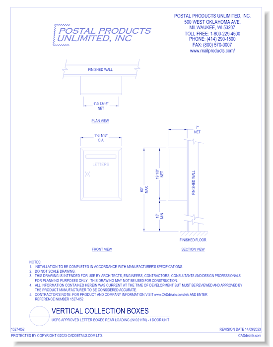 USPS Approved Letter Boxes Rear Loading (N1021170) - 1 Door Unit