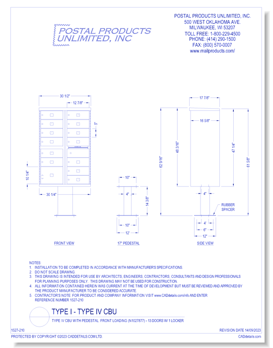 Type IV CBU with Pedestal: Front Loading (N1029597) - 13 Doors w/ 1 Locker