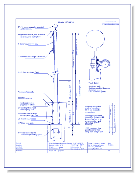 ECSA-35 Satin Aluminum Flagpole with Standard Accessories (320342) - 35' High